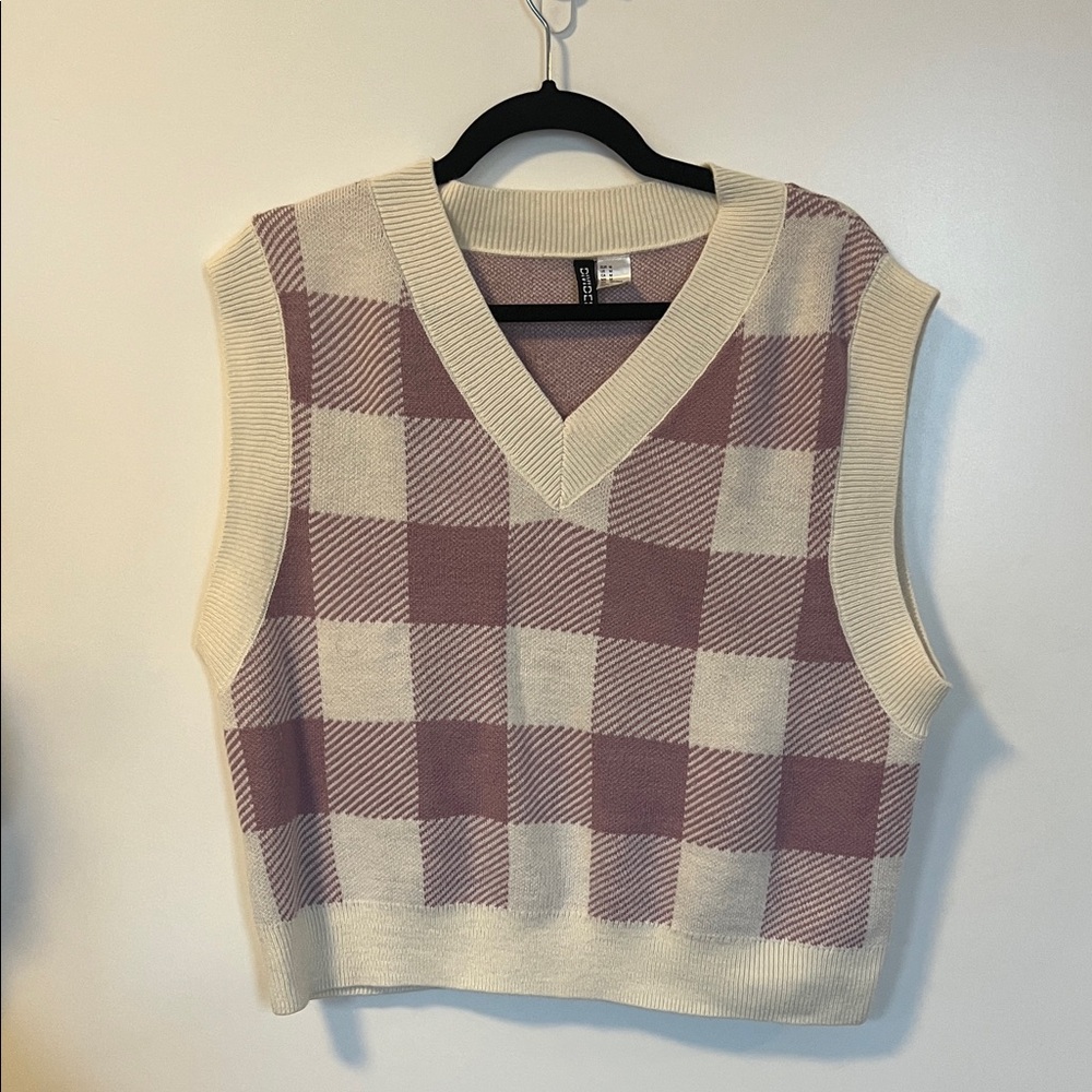 Plaid V-Neck Sweater Vest - Cream and Lavendar